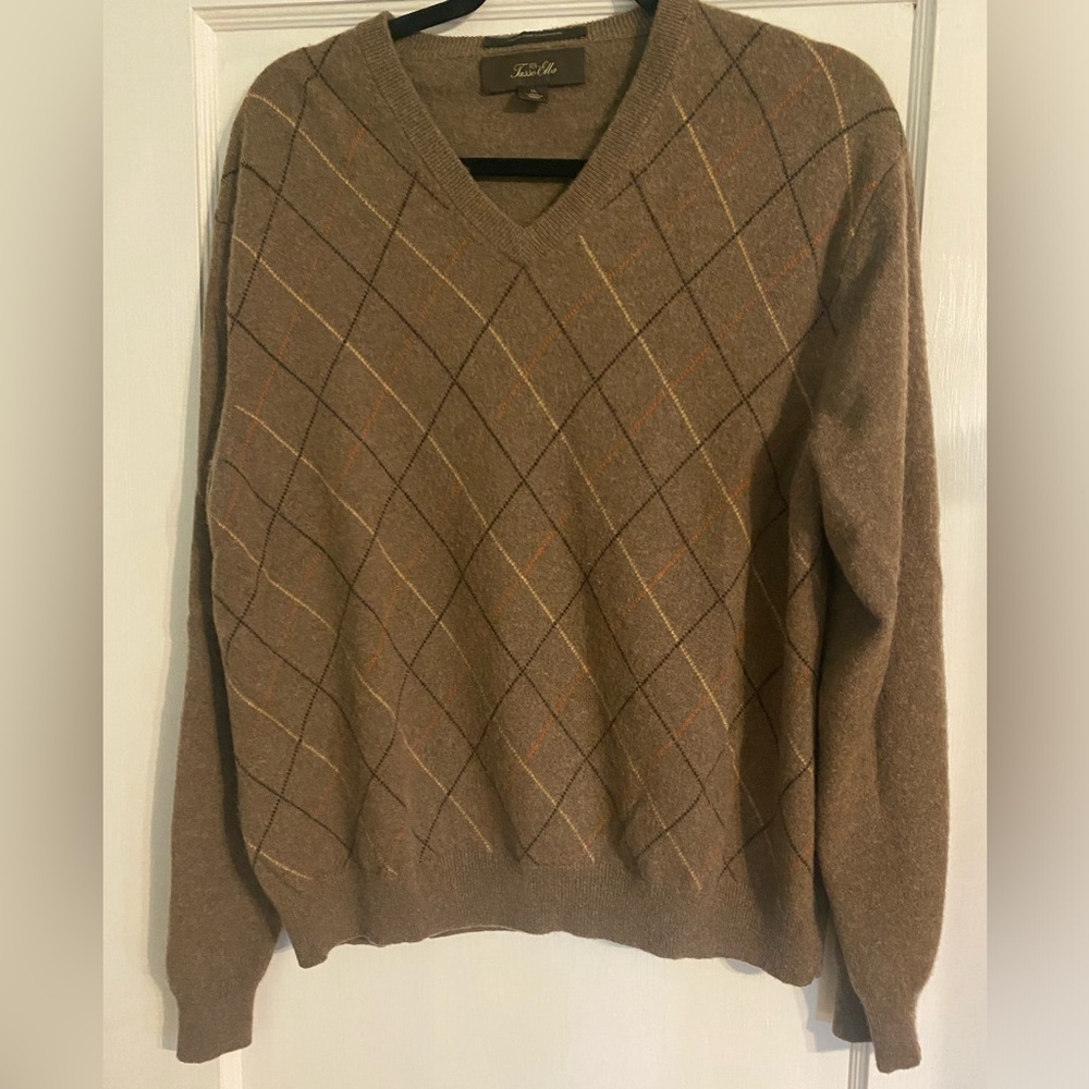 Tasso Ella Argyle Cashmere V-Neck Long Sleeve Sweater Size XL